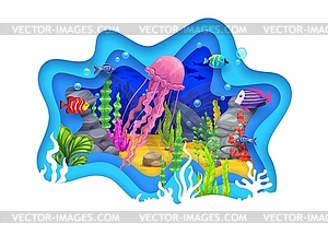 Paper cut underwater landscape with jellyfish - royalty-free vector image