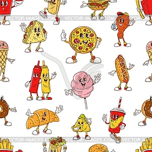 Groovy fast food funny characters seamless pattern - vector clipart