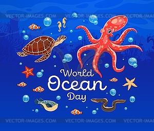 World Oceans Day banner, funny underwater animals - vector clip art