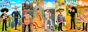 Cartoon Mexican characters collage, Latin culture - vector image