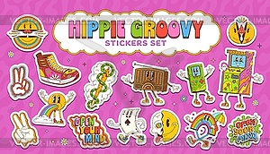 Cartoon groovy characters stickers pack - color vector clipart