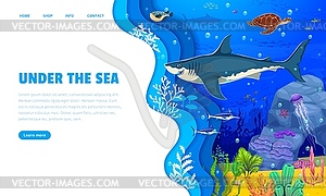 Paper cut landing page with underwater landscape - vector image