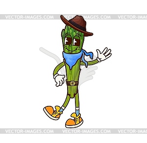 Cartoon asparagus groovy cowboy, bandit vegetable - vector clip art