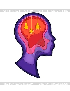 Light bulb ideas in 3d paper cut human head - vector clipart