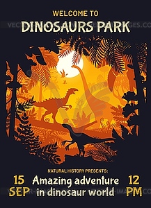 Dino park flyer with dinosaurs in Jurassic forest - vector image