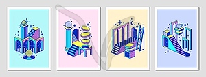 Psychedelic y2k poster, stairs and surreal portals - vector image