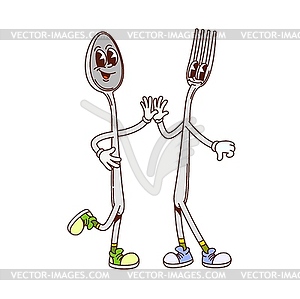 Cartoon groovy kitchen spoon and fork characters - vector image