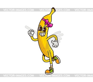 Cartoon groovy banana fruit character celebrating - vector image