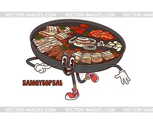 Мультяшная сковорода-гриль samgyeopsal с корейским персонажем - изображение в векторе