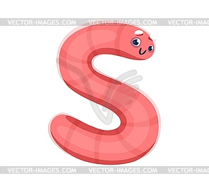 Farm font, cartoon agriculture type, worm letter S - vector clipart