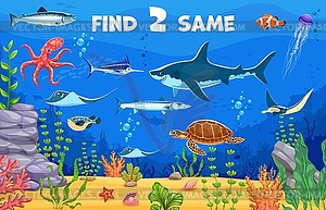 Kids game worksheet, find two same sea animals - vector image