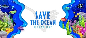 Oceans day paper cut banner with tropical fishes - vector image