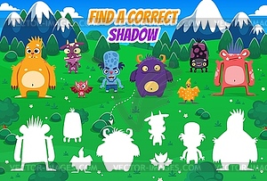 Find correct shadow of funny monster characters - vector image