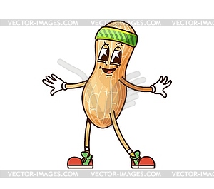 Cartoon groovy peanut nut character in headband - vector image