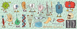 Мультяшные заводные персонажи о медицине и здоровье - рисунок в векторе