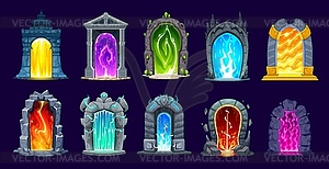Magic teleport portal gates and doors, game assets - vector image