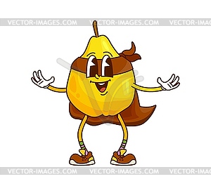 Cartoon groovy quince fruit superhero character - vector image