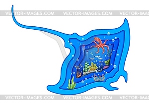 Manta ray paper cut silhouette, underwater fishes - vector image