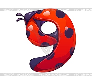 Ladybug cartoon font typeset digit 9 nine - vector image