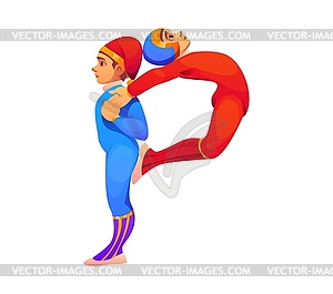 Cartoon circus font letter P formed by two acrobat - vector clipart