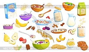 Cartoon oatmeal food, variety of oatmeal dishes - vector clipart
