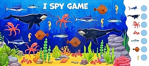 I spy game worksheet, cartoon sea animals, fishes - vector clip art