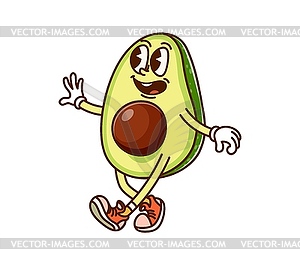 Walking avocado half with seed groovy character - vector image
