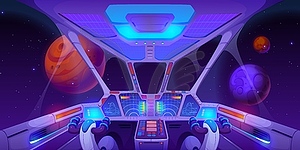 Spaceship cockpit interior, cartoon control panel - vector clip art