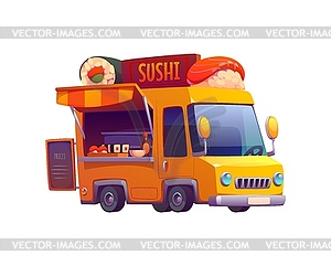 Cartoon sushi food truck, vintage street van - vector image