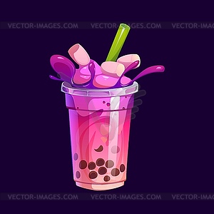Мультяшный стакан для чая с молочным пузырем, фиолетовый напиток boba - векторный клипарт EPS