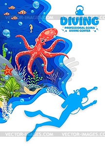 Diving sport banner, papercut underwater landscape - vector image