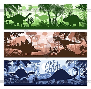 Prehistoric dinosaur silhouettes in jungle forest - vector image