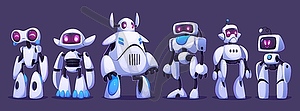 Futuristic robots, cartoon droid mascot characters - vector image