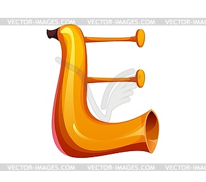 Cartoon musical font letter E resemble trumpet - vector image