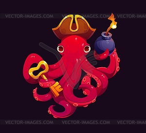 Cartoon octopus pirate with golden key and bomb - vector clip art