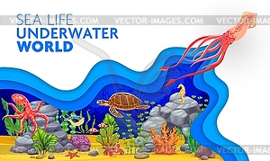 Underwater landscape paper cut sea life background - vector image