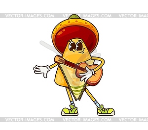 Cartoon groovy Mexican nachos playing guitar - vector clipart