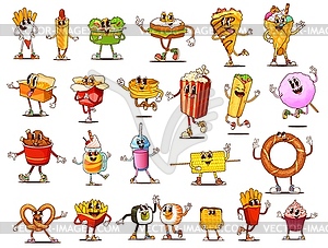 Fast food groovy takeaway food, drinks characters - vector clip art