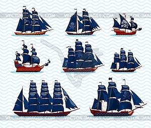 Cartoon pirate sail ships and boats game asset - vector clipart