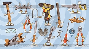 Cartoon groovy repair and DIY tools characters - vector image