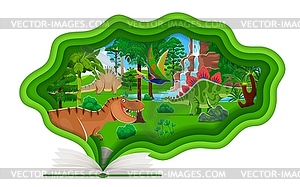 Opened book with paper cut dinosaur characters - vector image