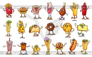 Groovy fast food, drinks and desserts characters - vector clipart