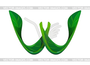 Fresh green leaf font, nature typeset letter W - vector image