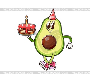 Avocado with birthday cake funny groovy character - vector clipart