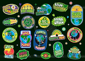 Environment ecology, Earth Day y2k retro stickers - color vector clipart