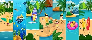 Funny italian pasta characters on summer vacation - royalty-free vector clipart