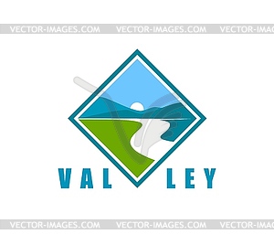 Mountain river valley icon, road and sun in field - vector clipart