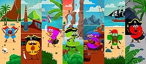 Cartoon math number pirate characters collage - vector clip art