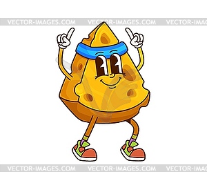 Cheese groovy cheerful character on fitness - vector image