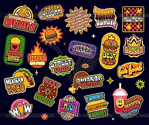 Retro fast food groovy hippie y2k stickers - vector clipart